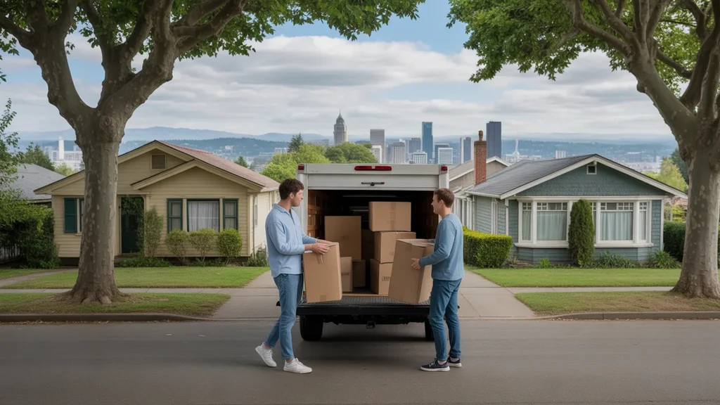 Couple moving into a house in Portland with city skyline in background