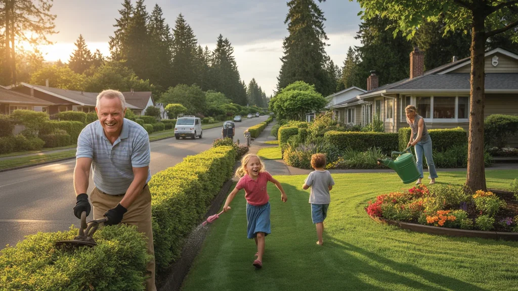 A man trims hedges while a mother waters flowers and children play in a peaceful Hillsboro neighborhood at sunset.