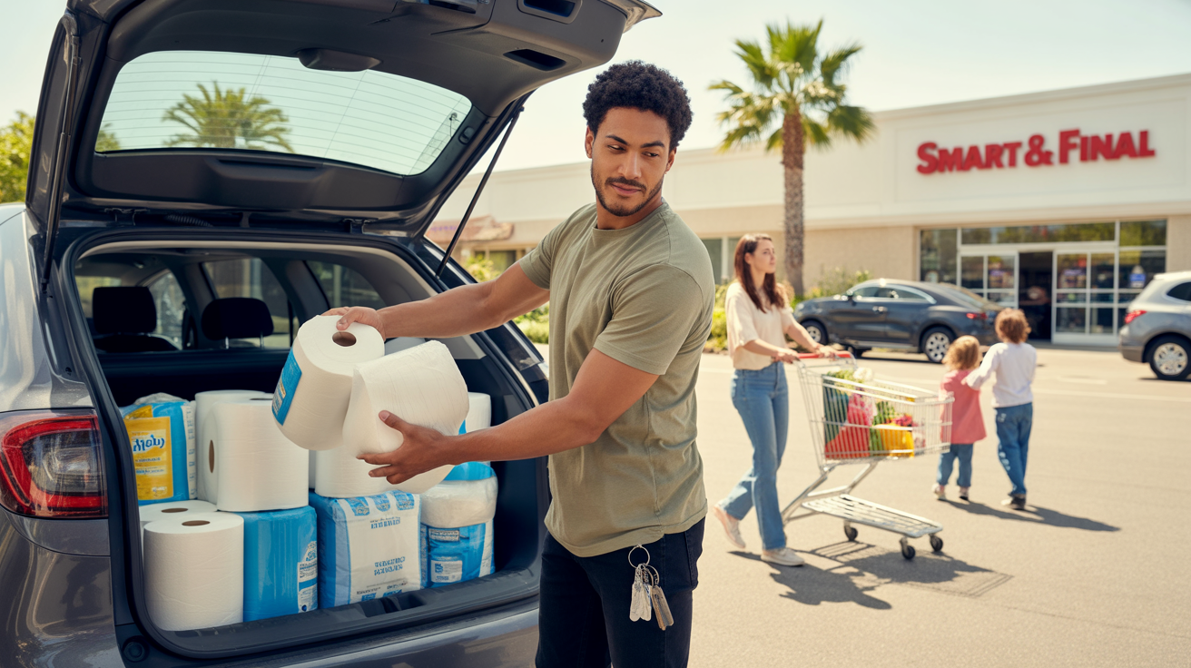 Man loading bulk household supplies into car trunk outside grocery store in Costa Mesa, CA