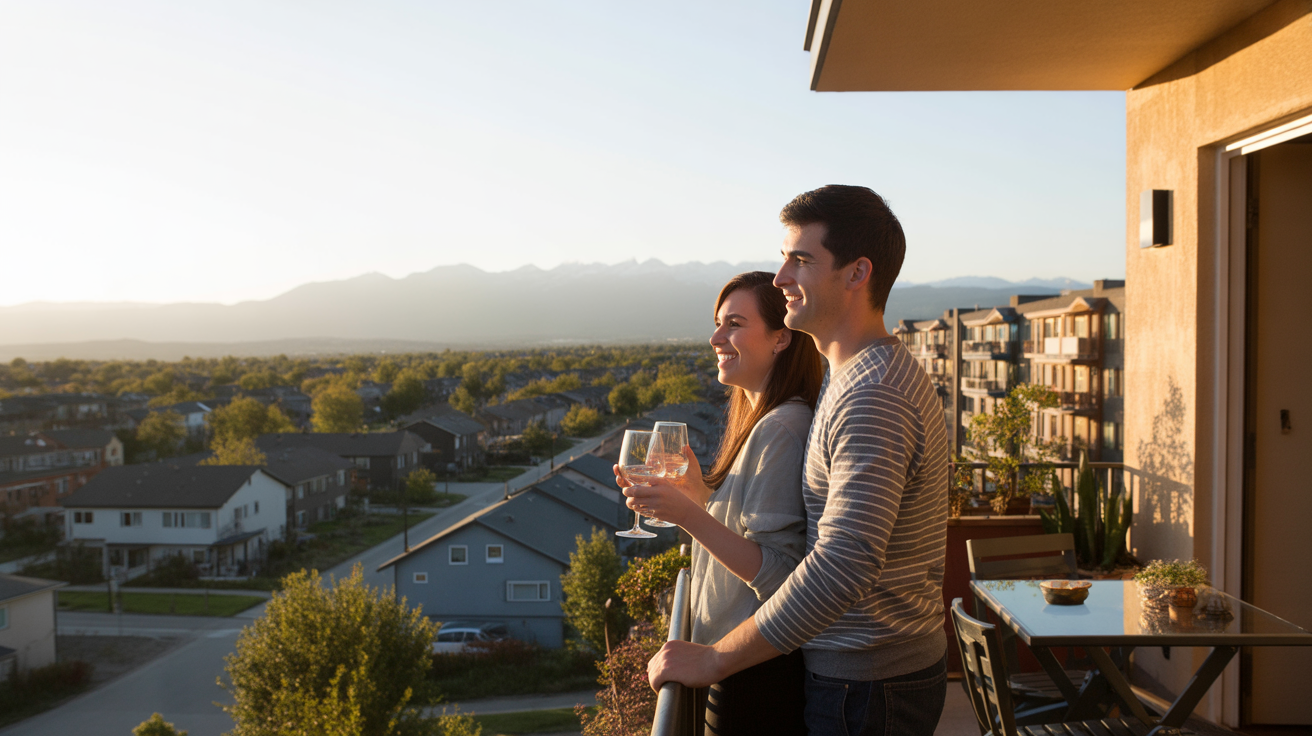 Couple on apartment balcony looking at Lone Tree neighborhood at sunset