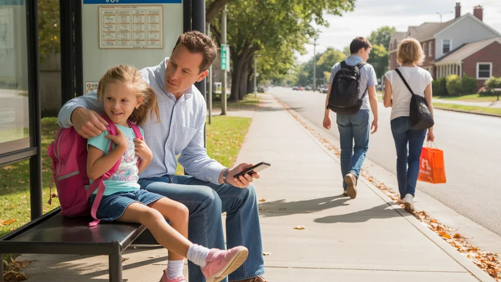 Father and young daughter wait together at a bus stop on a residential street in Nicholasville, Kentucky