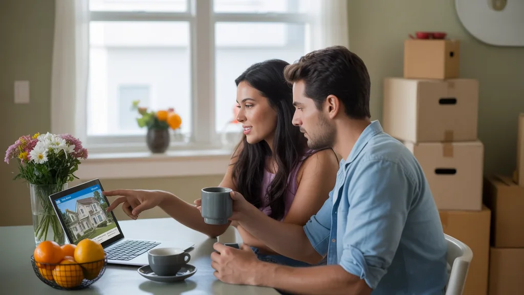 Couple researching Fullerton home prices in their apartment kitchen