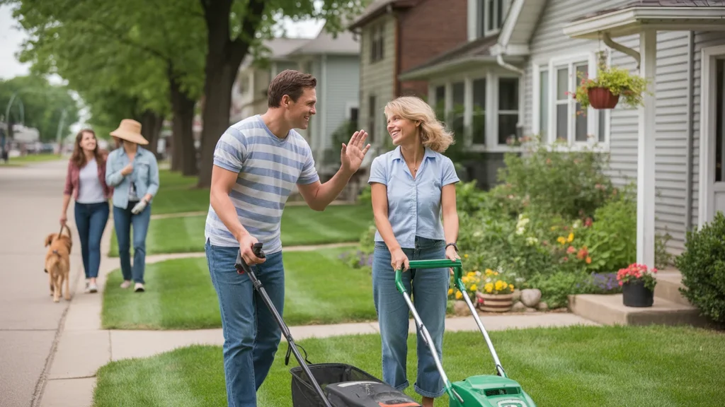 Neighbors wave while mowing their lawns on a sunny morning in Joliet, IL