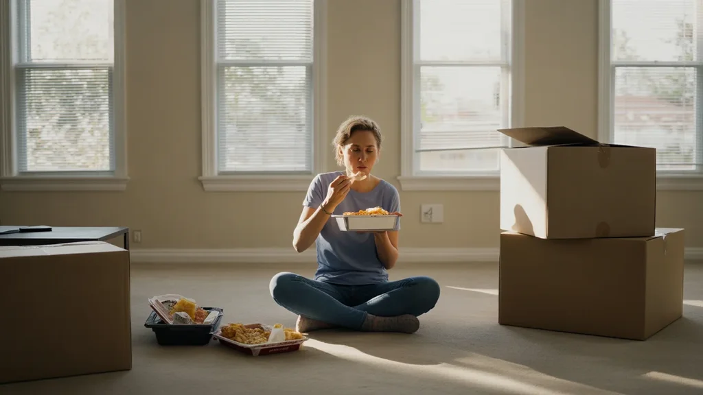 Person eats takeout on floor of empty Riverside apartment