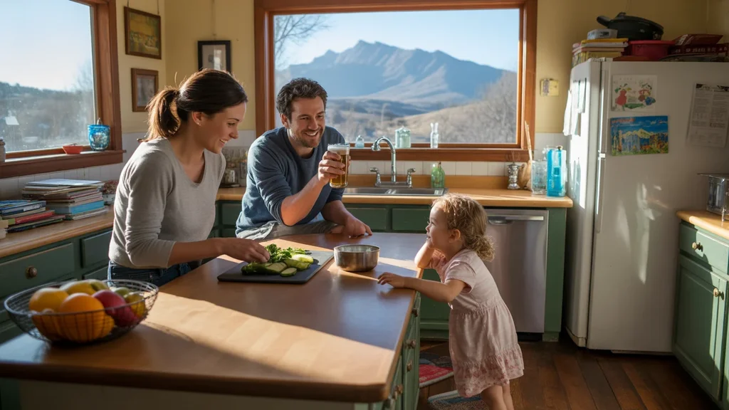 Family enjoying time together in the kitchen of their Boulder home with the Flatirons visible outside.