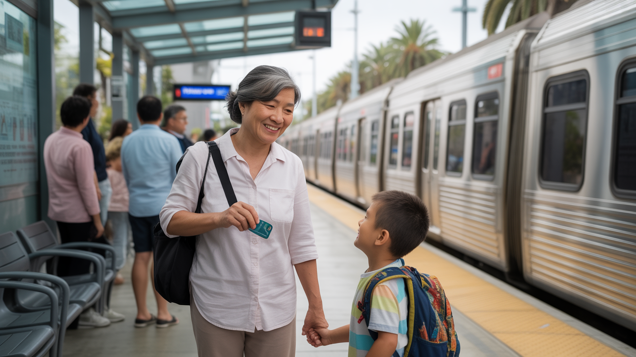 Grandmother and grandson at Garden Grove light rail station