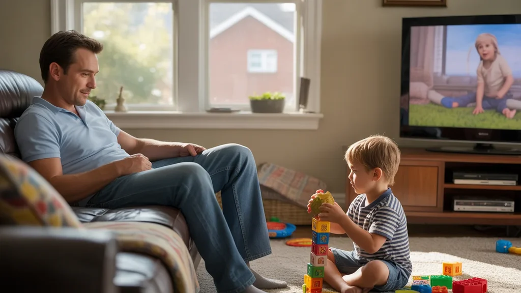 Father relaxes in recliner while son plays with blocks on floor in living room of suburban Aurora, IL home
