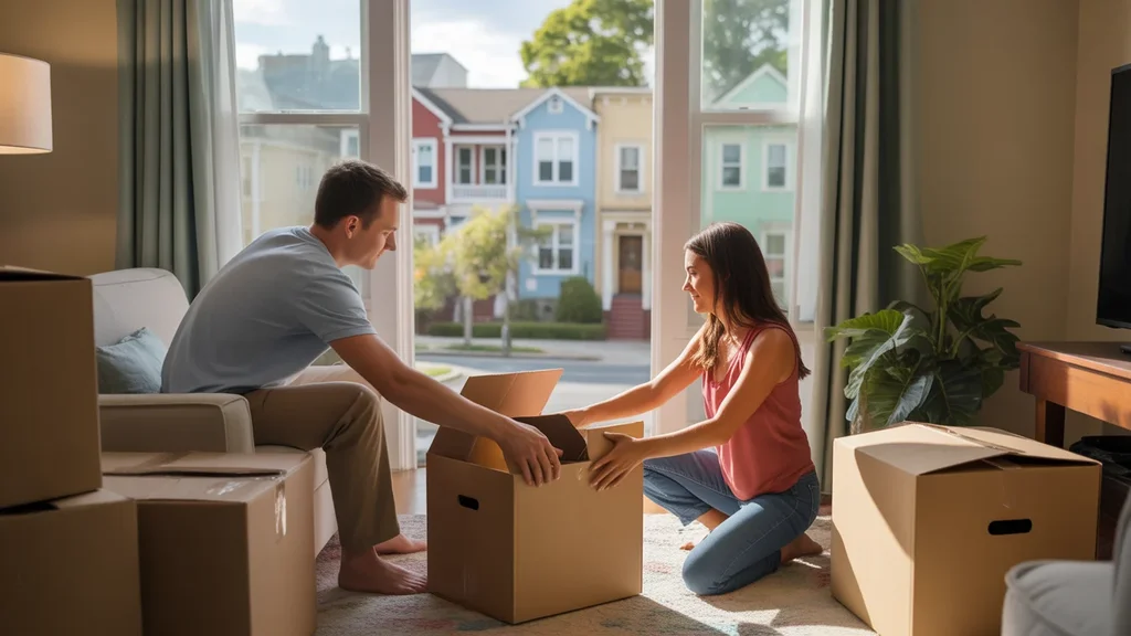 Couple unpacking in their new Smyrna apartment living room