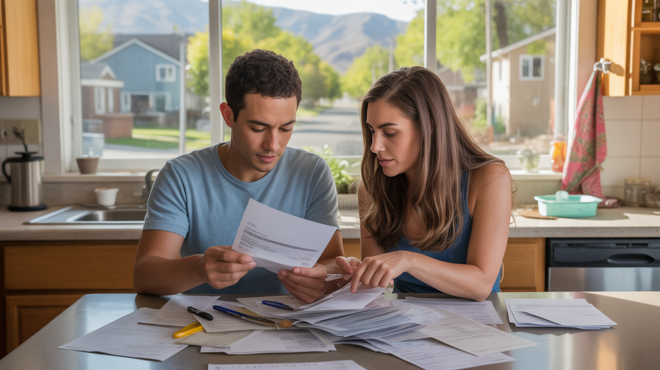 Couple reviewing bills and fees at kitchen table in Golden, Colorado home
