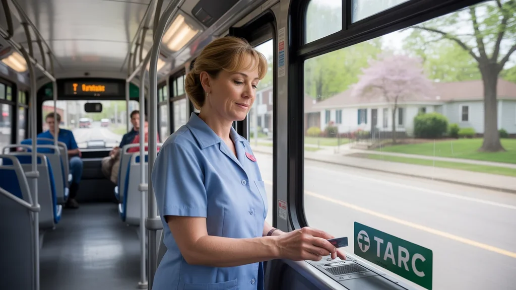 A woman boarding a TARC bus in Louisville on a quiet suburban street