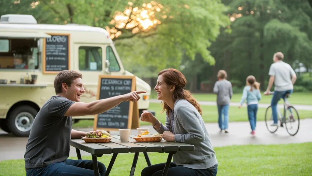 Two friends enjoy a food truck meal together at a picnic table in an Elgin park on a sunny day.