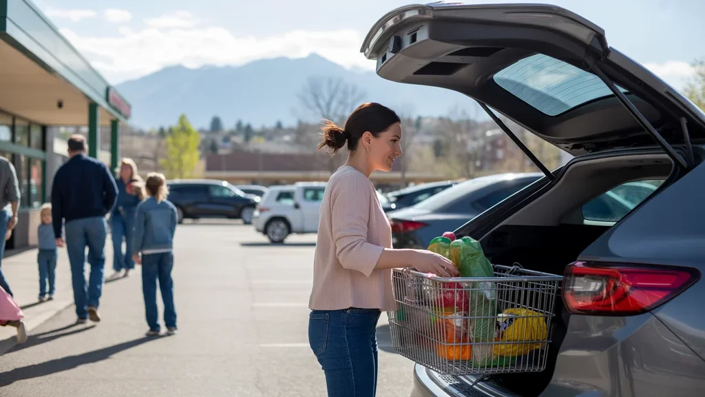 Woman loading groceries into car trunk outside local grocery store in Aurora, Colorado
