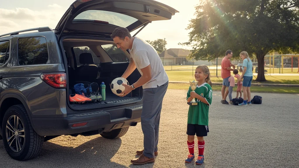 Father loading sports gear into car with daughter holding trophy at park in New Braunfels, TX