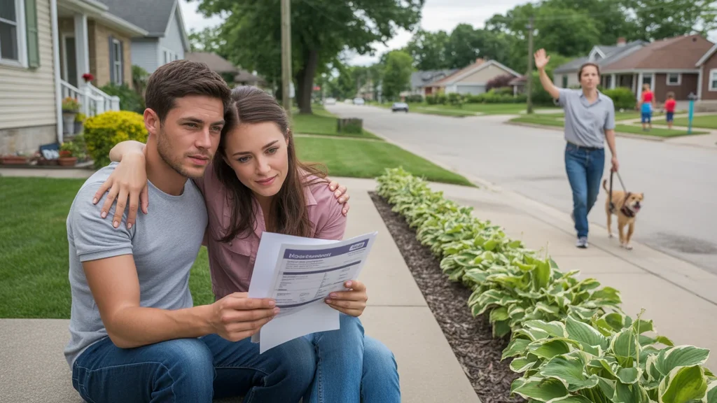 Couple sits on front steps of suburban home reviewing paperwork