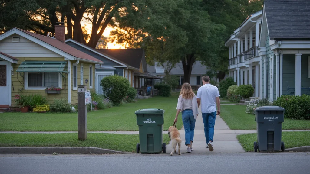 Couple walking dog past house and apartment at sunset in Monroe, NC neighborhood
