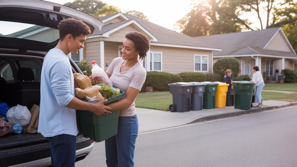 Couple unloading groceries in driveway of suburban Charlotte home at sunset, with apartment complex next door