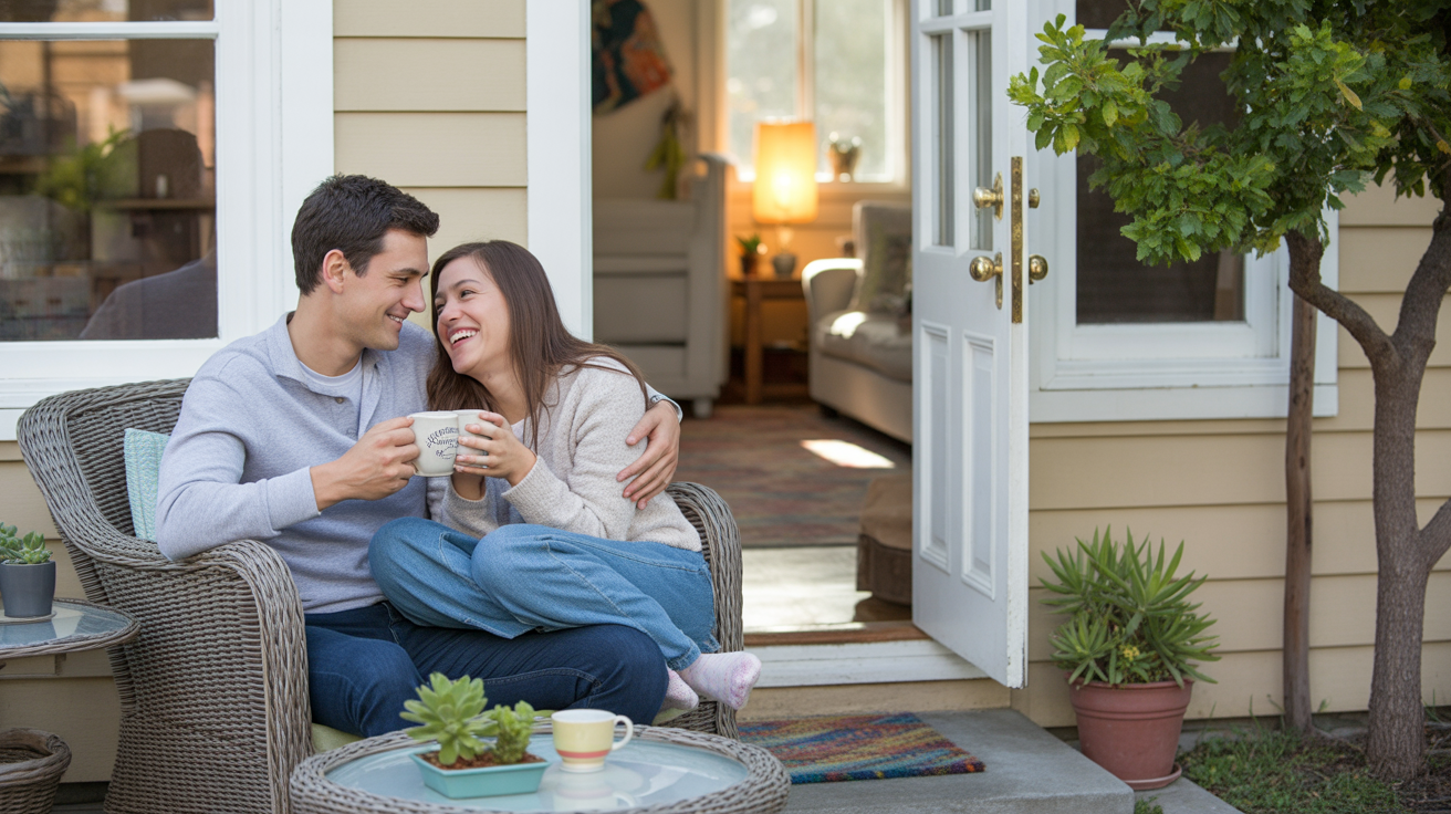 Couple enjoying morning coffee on front porch of home in Westminster, California