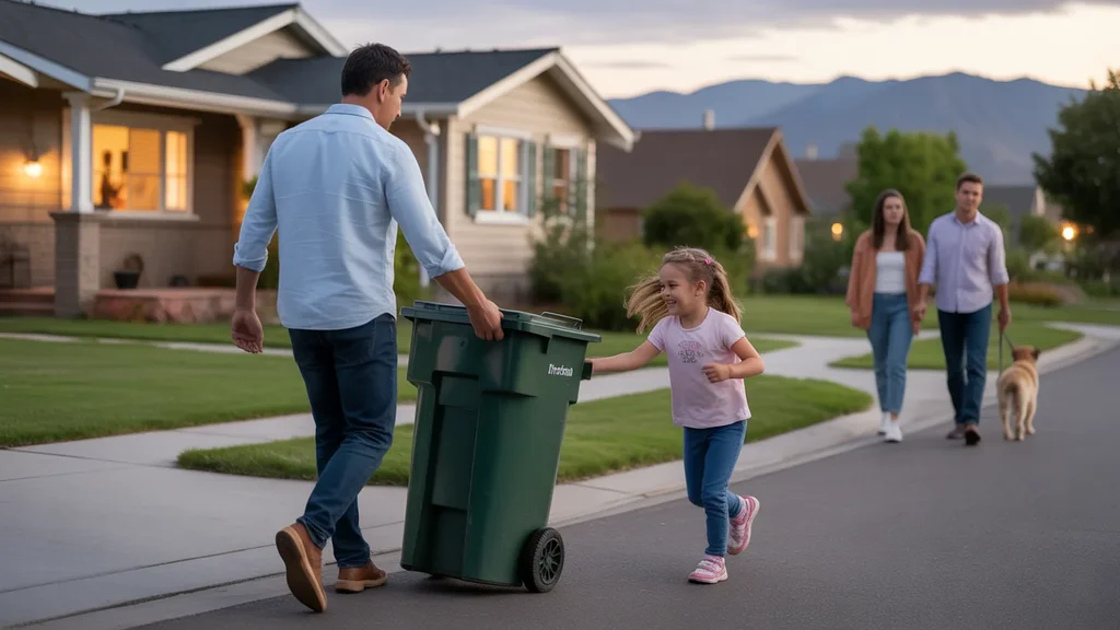Father and daughter taking out trash at their Thornton, Colorado home at dusk