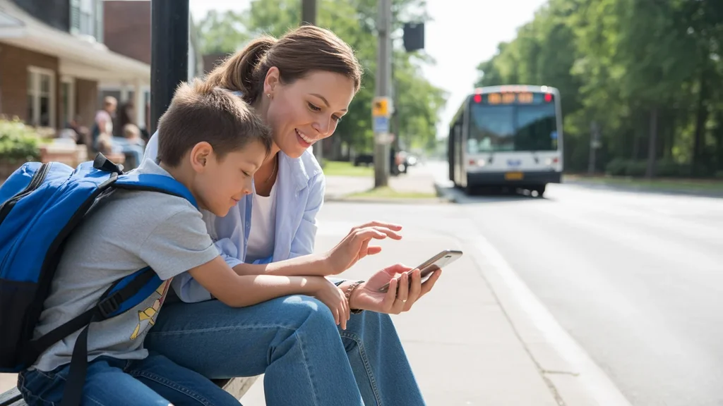 Mother and son waiting for the bus at a stop in Rock Hill, SC