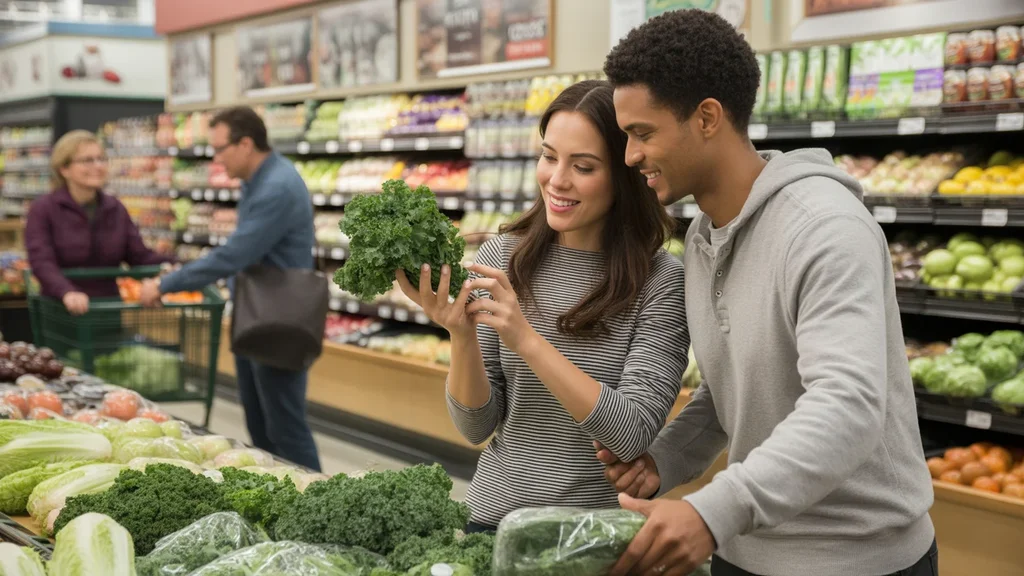 A couple shops for fresh produce together at a Portland grocery store.