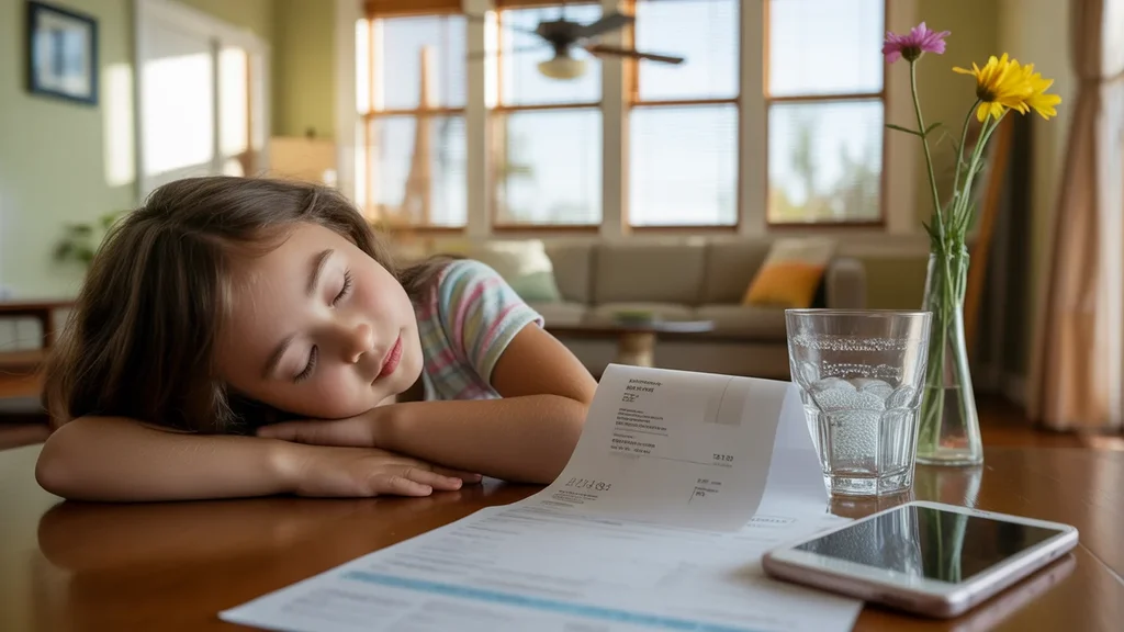 Young girl naps on living room couch under a ceiling fan in Santa Ana, CA home