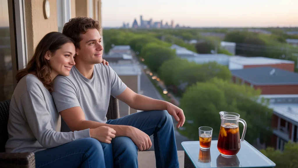 Couple relaxing on apartment balcony at sunset in Irving, Texas