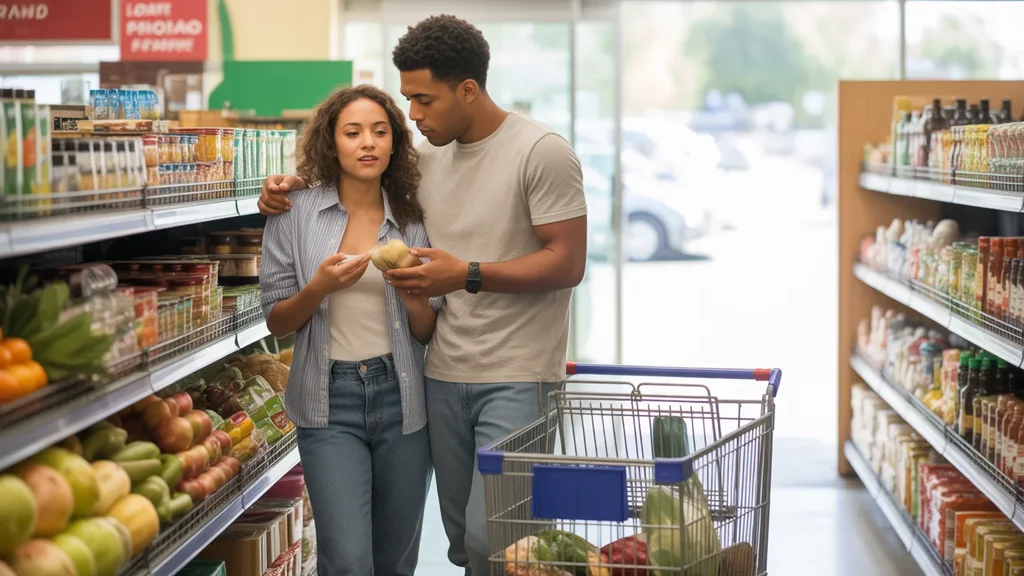 A young couple shops for groceries together at a discount store in Murrieta, CA