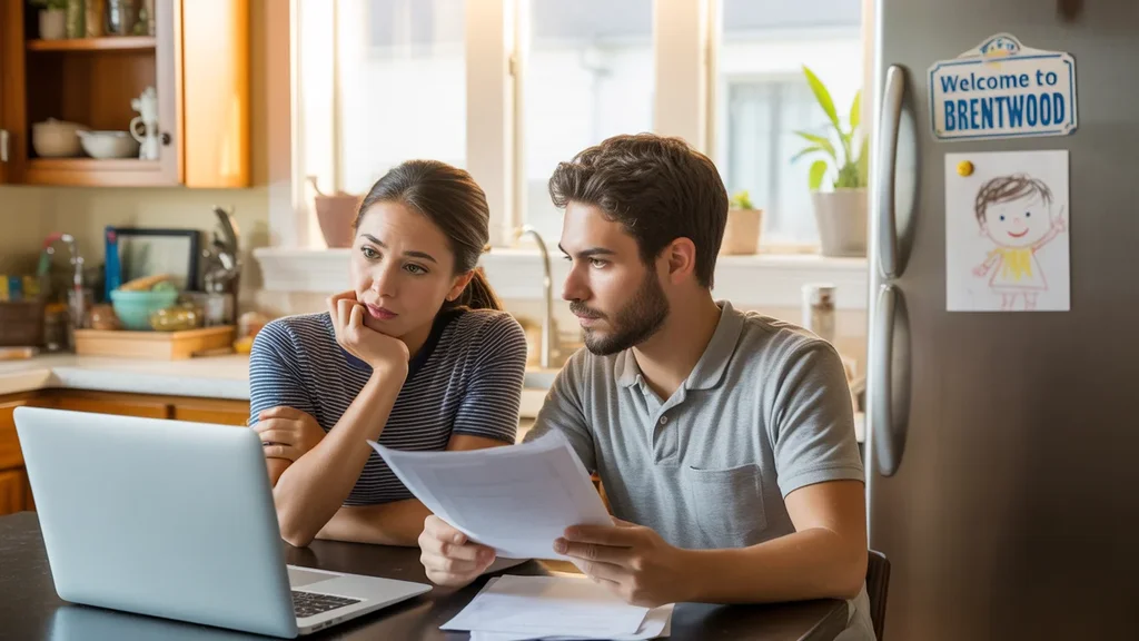 A couple discusses housing costs at their kitchen table in Brentwood, TN.