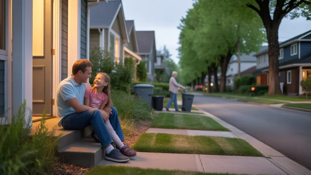 Father and daughter sitting on front porch steps of Tualatin home at dusk