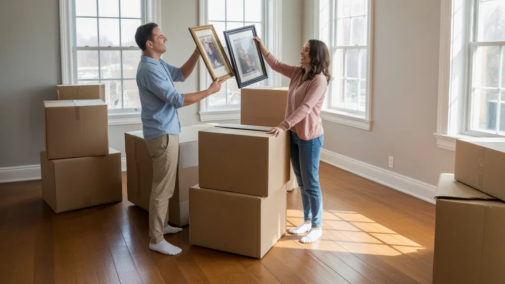 Couple unpacking in their new Versailles, KY apartment, looking happy and excited.