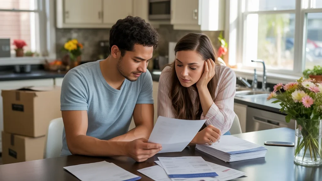 Couple reviewing bills and contracts at kitchen table in new home