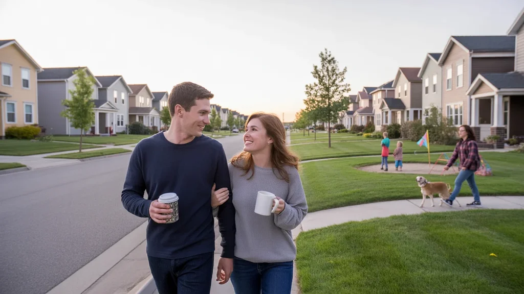 A couple walking through their Thornton neighborhood on a sunny morning, past a row of similar suburban homes.