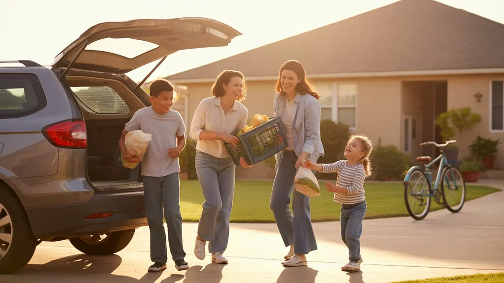 A young family unloads groceries from their minivan in the driveway of their suburban Irving, TX home during golden hour.