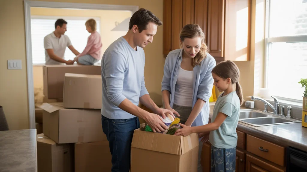 Family unpacks groceries in the kitchen of their new home in Moore, Oklahoma