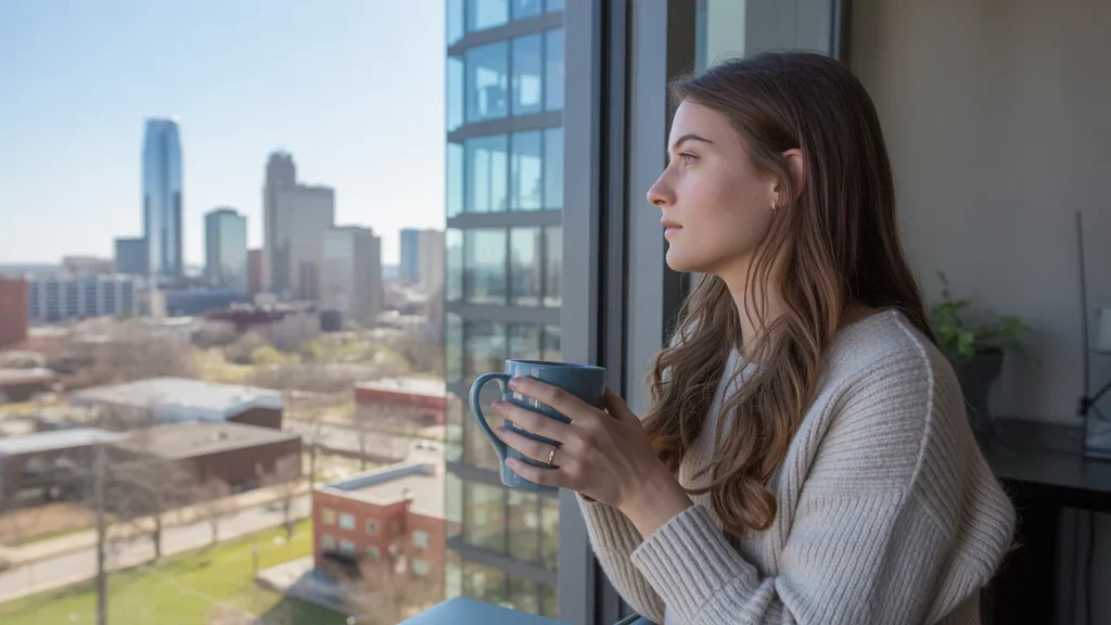 Woman looks out apartment window at the Oklahoma City skyline