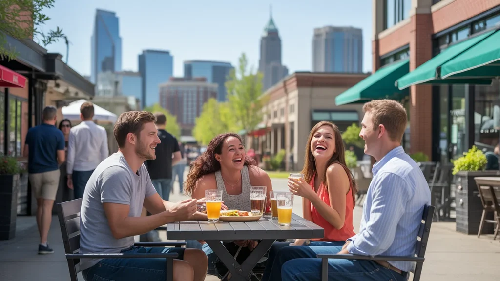Friends dining on patio of popular brewery with Charlotte skyline in background