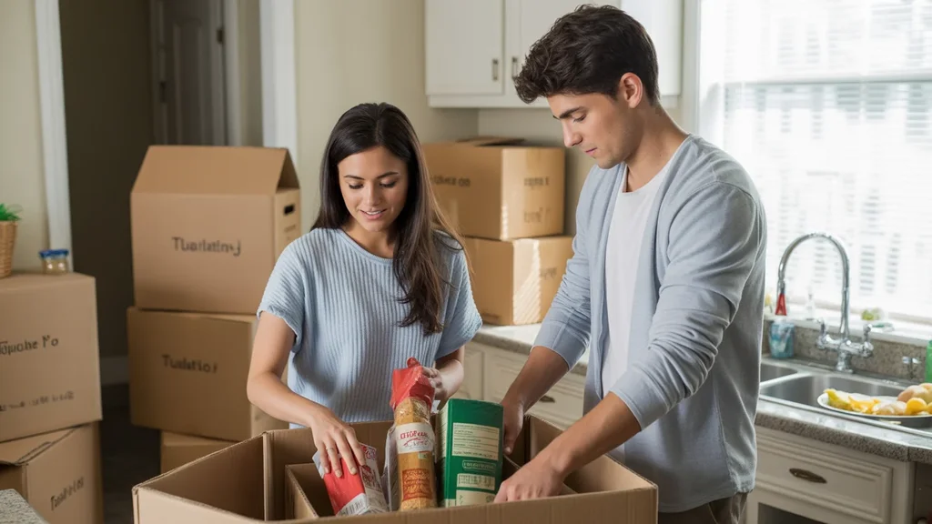 Couple unpacking groceries in new Tualatin home kitchen
