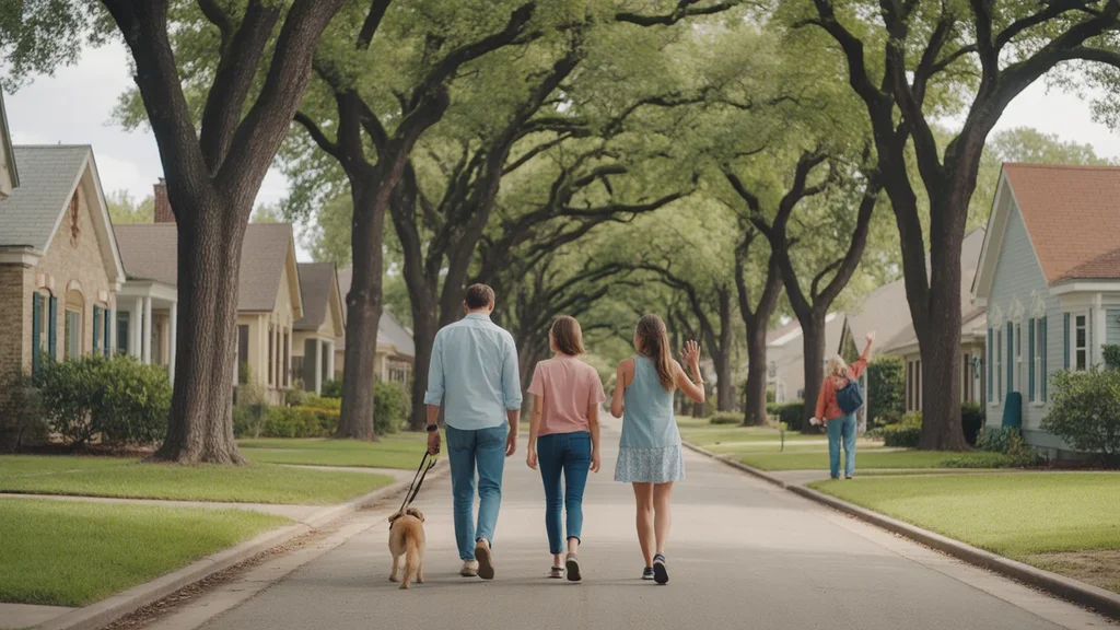 A family walking their dog through a charming Georgetown, TX neighborhood