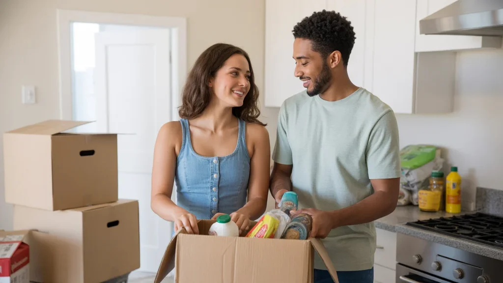 Couple unpacking groceries in new home kitchen in Edmond, Oklahoma