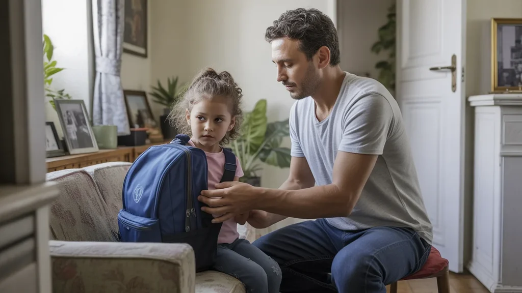 Father helping daughter pack backpack for school in Versailles apartment living room
