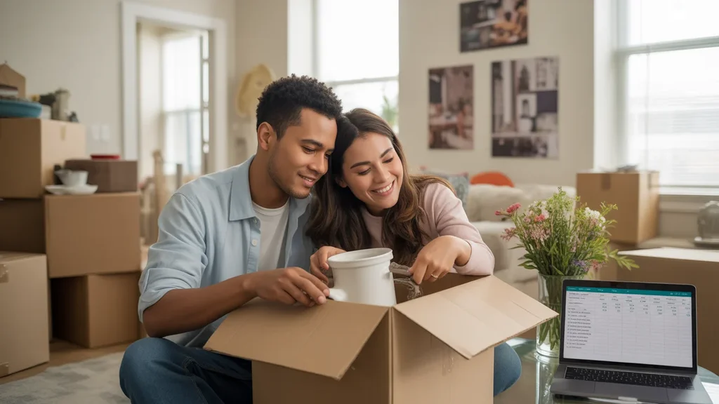 A young couple unpacks moving boxes together in their new Jeffersontown apartment living room