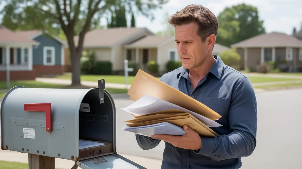 Man checking mail by community mailbox in Sunrise Manor neighborhood
