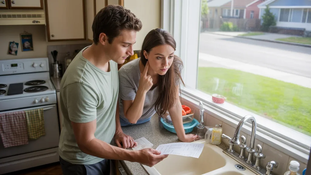 Young couple looking at utility bill in sunny kitchen in Centennial, Colorado home