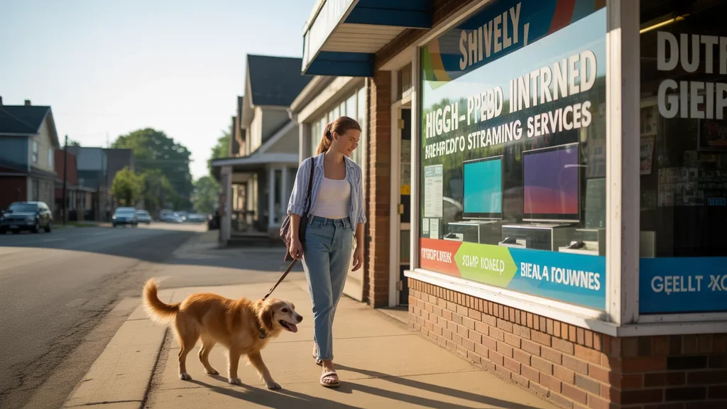 A young woman walking her dog pauses to look at a colorful internet and streaming ad in a Shively storefront window at sunset.