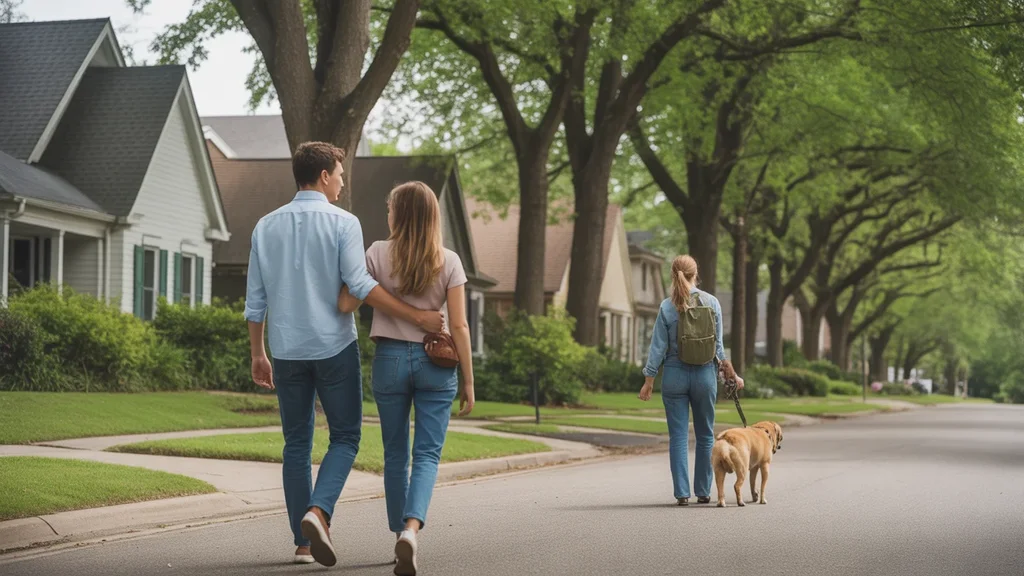 Couple walking through a quiet neighborhood street in Madison, TN