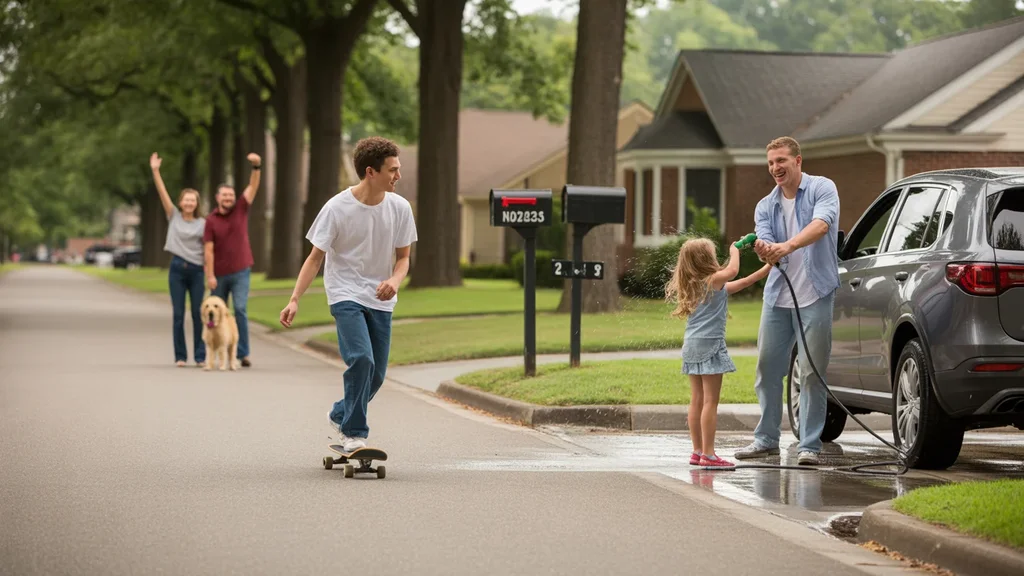 Teenager skateboarding past mailboxes on a quiet suburban street in Concord, NC