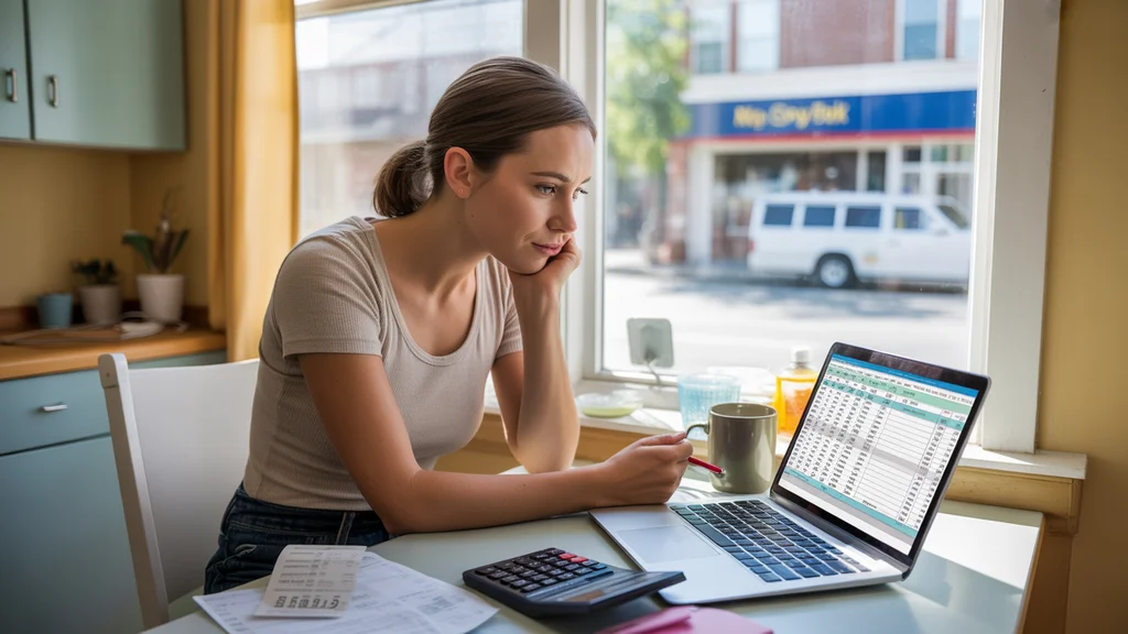 Woman budgeting expenses at kitchen table in Mt Juliet apartment