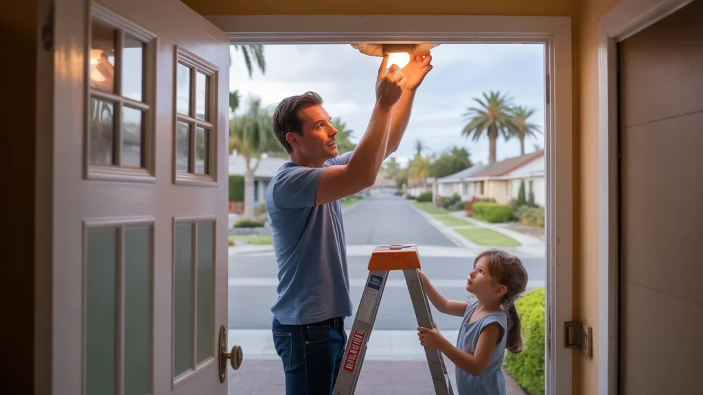 Man changes lightbulb while daughter holds ladder in Anaheim home entryway
