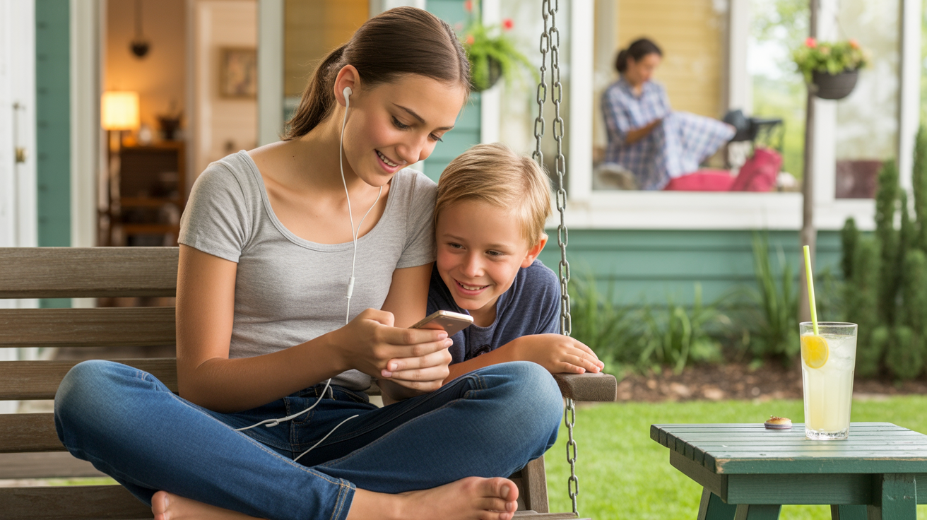 Teenage girl and younger brother sitting on porch swing, sharing earbuds and looking at phone together