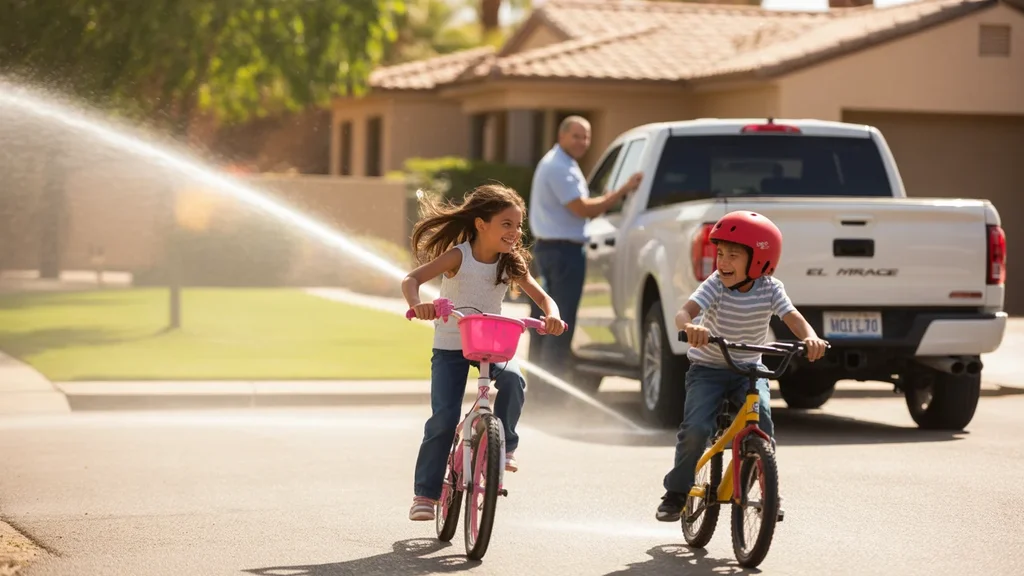 Two kids riding bikes on a cul-de-sac in El Mirage, Arizona on a sunny morning